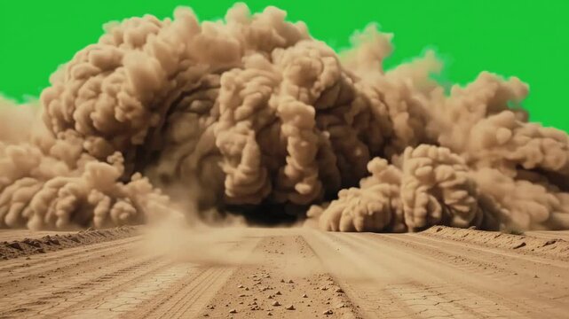 Massive Dust Storm Advancing Toward Camera Along a Dry Dirt Road with Green Chroma Key Sky