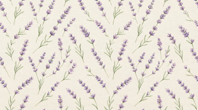 Watercolor lavender sprigs seamless pattern on linen texture botanical