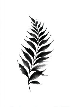 Monochrome watercolor painting of a fern leaf on a white background.
