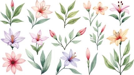 Fototapeta premium Watercolor Floral Pattern with Delicate Leaves and Blossoms in Soft Pastel Tones.