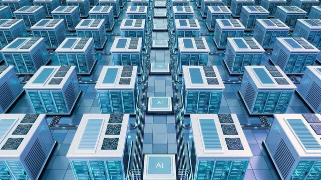 Aerial View of AI Data Center Server Farm with GPU Microchips and Interconnected Network Loop