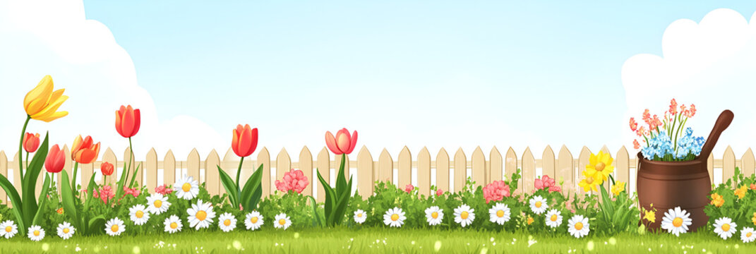 spring background nature floral vector landscape grass plant sky flower tulip daisy fence cartoon illustration season easter sunny green blue sun leaf on transparent background