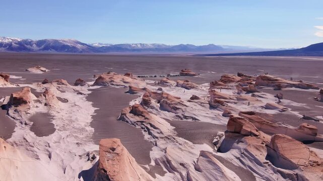 Eroded pumice formations stretch across the high Andean plateau at Campo de Piedra Pomez under clear daytime skies, with distant mountains framing the dry volcanic landscape.