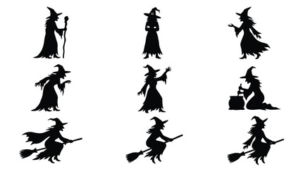 Fototapeta premium Halloween vector illustration featuring black silhouettes of spooky witches with pointed hats and broomsticks in various poses for holiday graphic design projects and decorations