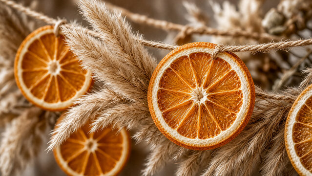 Dried orange slices and pampas grass dangle from a twine garland. It&rsquo;s a rustic, warm decoration.
