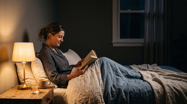 Smiling woman relaxing in bed while reading a book in warm night light