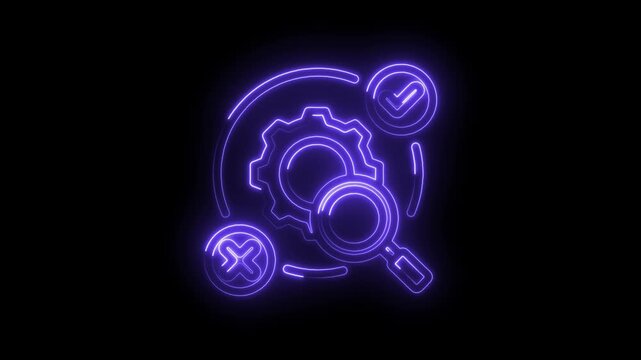 Neon glowing magnifying glass over gear with check and cross symbols on icon black background