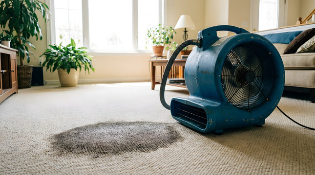 Professional Blue Air Mover Fan Drying Wet Carpet Floor | Water Damage Restoration Equipment Drying Stained Carpet | Heavy Duty Industrial Carpet Blower Fan In Living Room