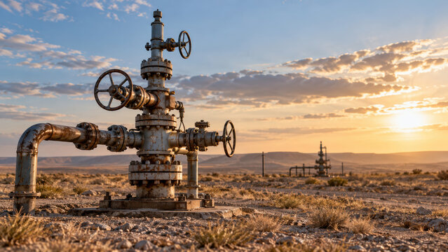 Natural gas depletion at sunset in arid field with metal valve, pipeline, and industrial wellhead