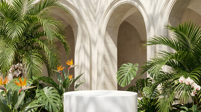Empty White Cylinder Podium Display With Tropical Palm Leaves | Modern White Product Stand Stage Surrounded By Tropical Foliage | Minimalist White Podium Scene With Monstera And Palm Shadows