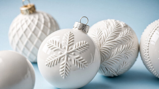 White ornaments with snowflake patterns gleam on a blue background. They showcase textured surfaces and reflective shine.