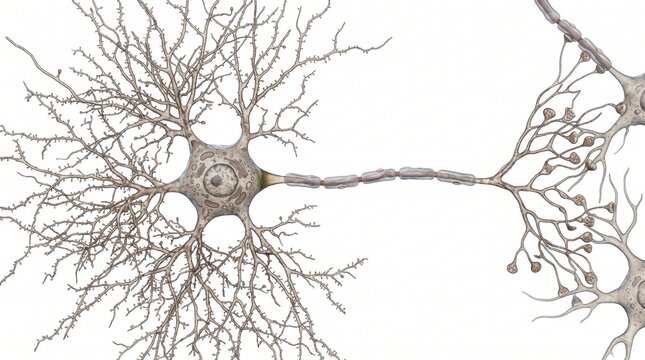 Detailed Relay neuron cell illustration with extensive branching and copy space for medical marketing