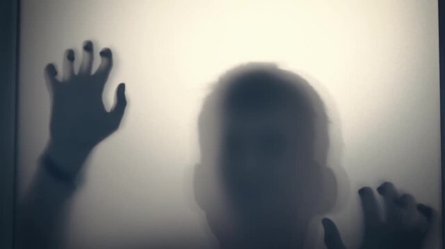 scratching, monster behind door, evil ghost or walking dead, zombie. Thriller, horror Scary. mysterious shadowy white background. Blurred, ghostly hands pressing sliding along glass. man male person