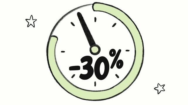 Animated 30% discount with a clock hand rotating clockwise and percentage text growing in size. Hand drawn sale animation in black and light green with decorative stars.