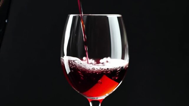 Pouring red white wine into glass in hotel restaurant. Slow Motion. alcoholic beverage poured in bar. drink bottle. whiskey vodka beer cocktail. Fill cup. isolated black background. aged. toast