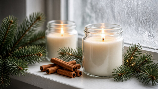 Two candles glow warmly on a windowsill, surrounded by evergreen branches and cinnamon sticks. They create a cozy, festive scene.