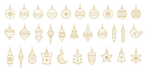 Obraz premium Golden outline Christmas baubles and hanging ornaments with Santa, angel and moon, bird and bell, tree, star and snowflake, festive vintage line art for holiday print and coloring book. Vector set