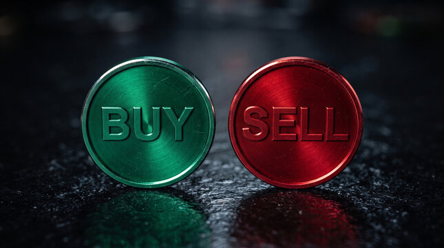 Green buy and red sell metal coins representing financial trading decisions on a dark textured surface