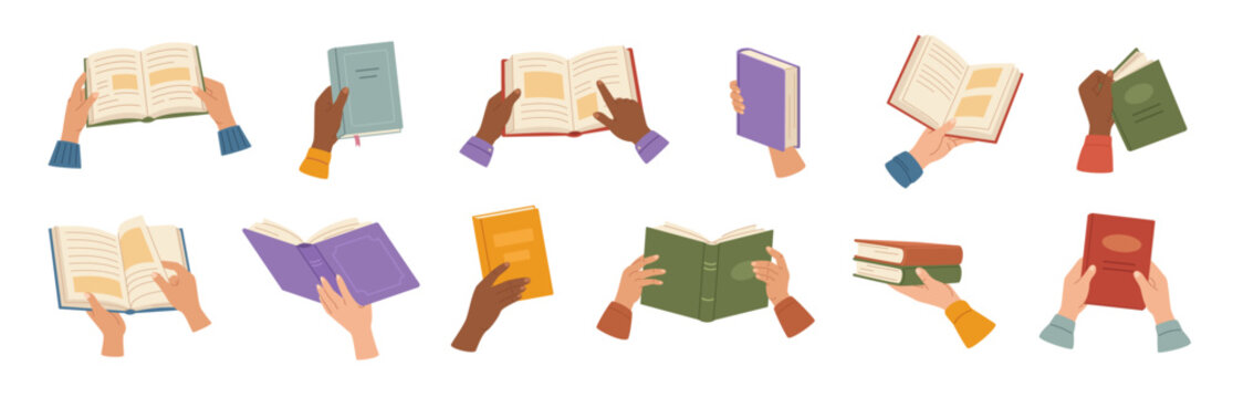 Hands holding open, closed books, reader with paper book, diverse reading poses. Education and knowledge concept, literacy, library and publishing, bookstore content. Flat vector isolated set