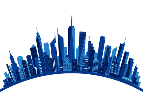 Blue city skyline silhouette with curved base, isolated on a white background, of skyscrapers and urban architecture