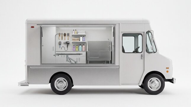 3D Render of a Mobile Pet Grooming Van Cutaway and Animal Salon Truck.