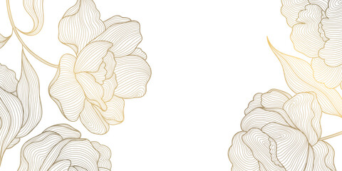 Obraz premium Elegant luxury floral pattern, corners with golden line peony flowers, leaves, botanical elements in Chinese style. Wedding cards, bloom border, Japanese frame, invitation, wallpaper.
