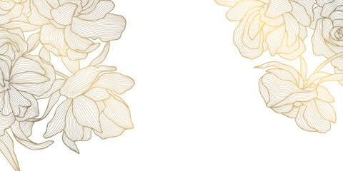 Fototapeta premium Elegant luxury floral pattern, corners with golden line peony flowers, leaves, botanical elements in Chinese style. Wedding cards, bloom border, Japanese frame, invitation, wallpaper.