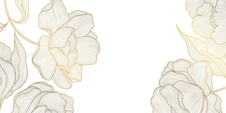 Elegant luxury floral pattern, corners with golden line peony flowers, leaves, botanical elements in Chinese style. Wedding cards, bloom border, Japanese frame, invitation, wallpaper.