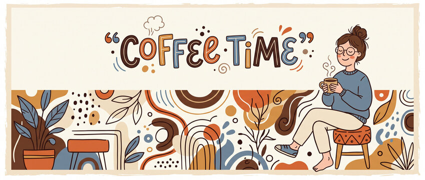 Woman enjoying coffee time hand drawn doodle graphic character abstract vector illustrations for website header social media cover banner templates backgrounds designs for coffee shop decor wallpaper