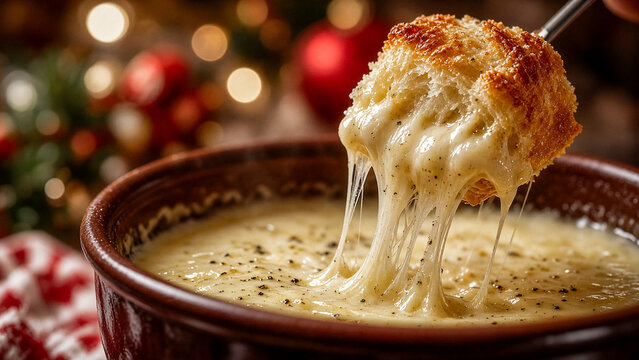 A spoon pulls gooey cheese from a creamy, warm fondue pot. Festive lights blur in the background.