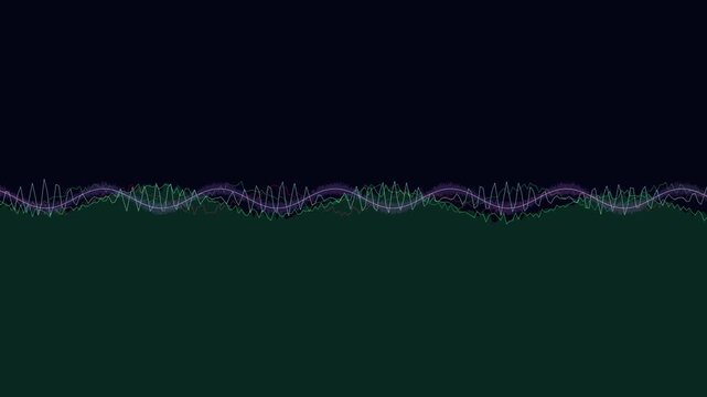 Abstract purple and green sine wave digital audio frequency line on black background
