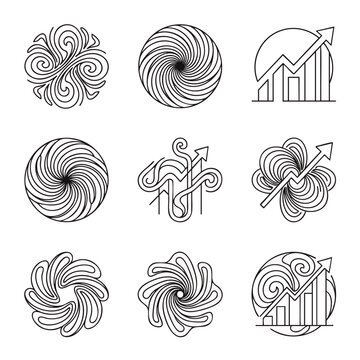 Intricate geometric swirling line art with dynamic directional arrows and upward growth patterns, concept for branding, logo design, infographic illustration, and data visualization