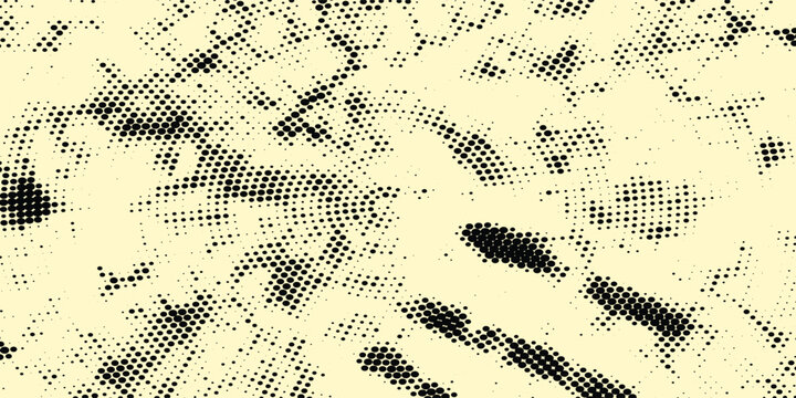 Latar belakang gradien tutul halfton radial. Tekstur konsentris berbintik-bintik dengan efek memudar. Wallpaper bayangan lingkaran hitam dan putih. Grunge vektor kasar. Monokrom geometris backdrop.