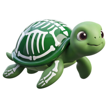 Cute cartoon green sea turtle with a white skeletal pattern on its shell, isolated on transparent background as a 3D rendered character design