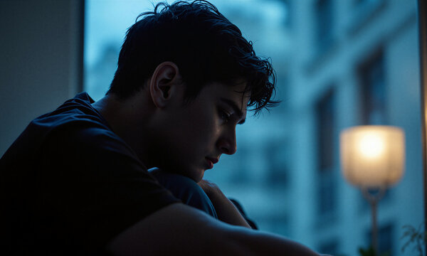 Teenager sadness loneliness sad teenage boy sitting by a window in a dark room reflecting on family issues at night