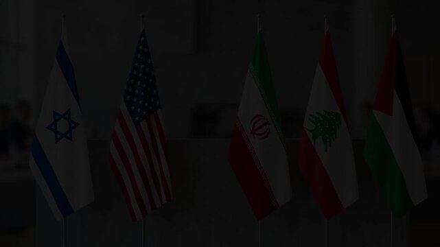 International diplomatic summit flags: israel, usa, iran, lebanon, and palestine in conference room
