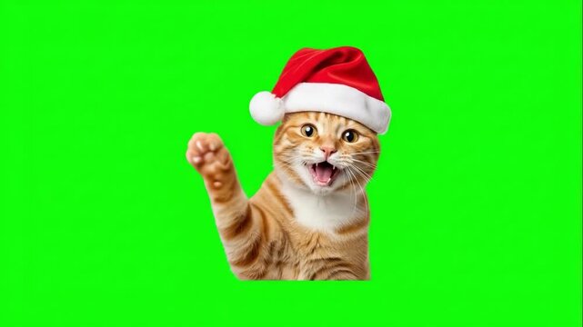 Orange cat in a Santa hat showing a peace sign on a green screen. Suitable for Christmas videos, holiday greetings, promos, and chroma keying.