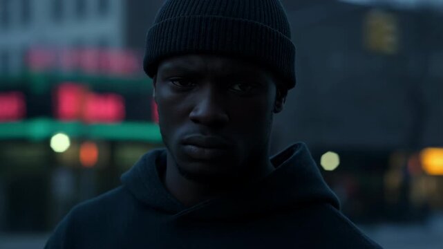 Close-up portrait of a very sad Black man on a city street. Hard life situation and social exclusion concept