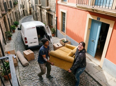Moving service with team carrying sofa beside van on cobblestone street