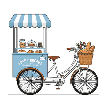 Blue bakery cargo tricycle with fresh bread display stall and striped roof canopy graphic