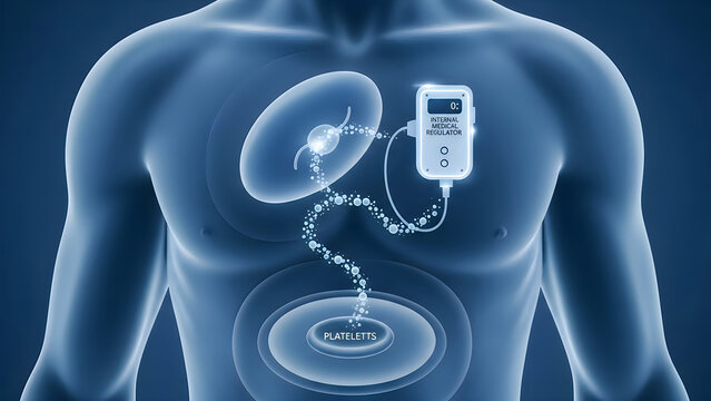 Internal medical regulator device regulating blood platelets inside human body illustration. Cardiac pacemaker, bioelectronic implant, smart healthcare technology for hospital website banner