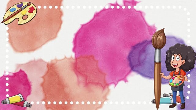 Cute Cartoon Artist with Watercolor Paint Splatters Animation Background