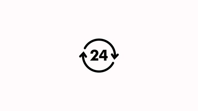 24 hours circular arrow loading animation on white background. 24 seconds timer or continuous countdown animation for 24 hours service, business and service availability concepts