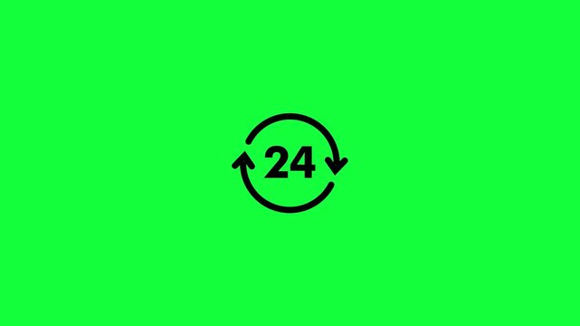 24 hours circular arrow loading animation on green background. 24 seconds timer or continuous countdown animation for 24 hours service, business and service availability concepts