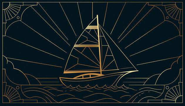 Golden Sailboat at Dawn: A stylized golden sailboat navigates calm seas under a radiant sunburst, framed by an art deco border, symbolizing adventure and new beginnings.