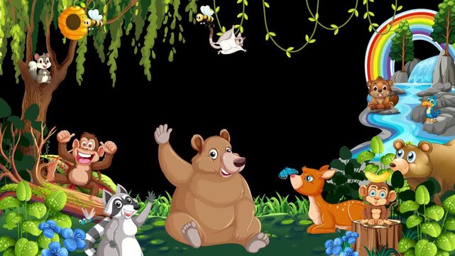 Cartoon Forest Animals Loop Frame on Black Background
