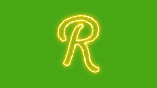 Glowing neon letter r animation on green screen, electric energy alphabet symbol for motion