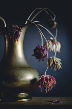 still life with withered flowers in brazen vase. Transcience concept