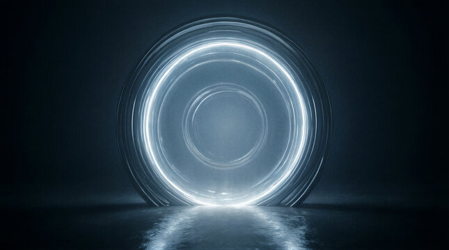 Gateway light portal circular glowing ring in dark void representing dependable calm and futuristic technology with copy space