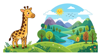 Obraz premium Cute cartoon giraffe watching the nature landscape